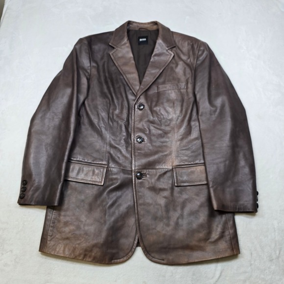 Hugo Boss Leather Blazer Jacket Mens XL 46R Brown Lamb Leather Soft! Distressed - Picture 2 of 16